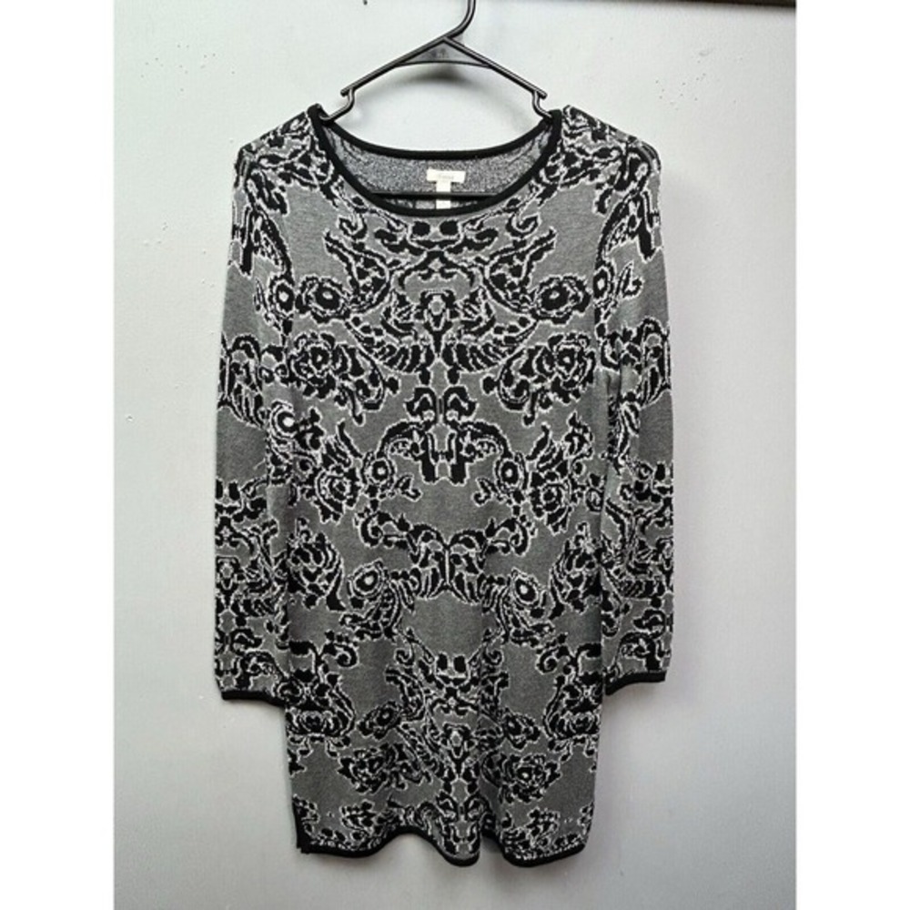 Soma Womens XS Gray Black Metallic Damask Floral Knit Tunic Sweater Long Sleeve